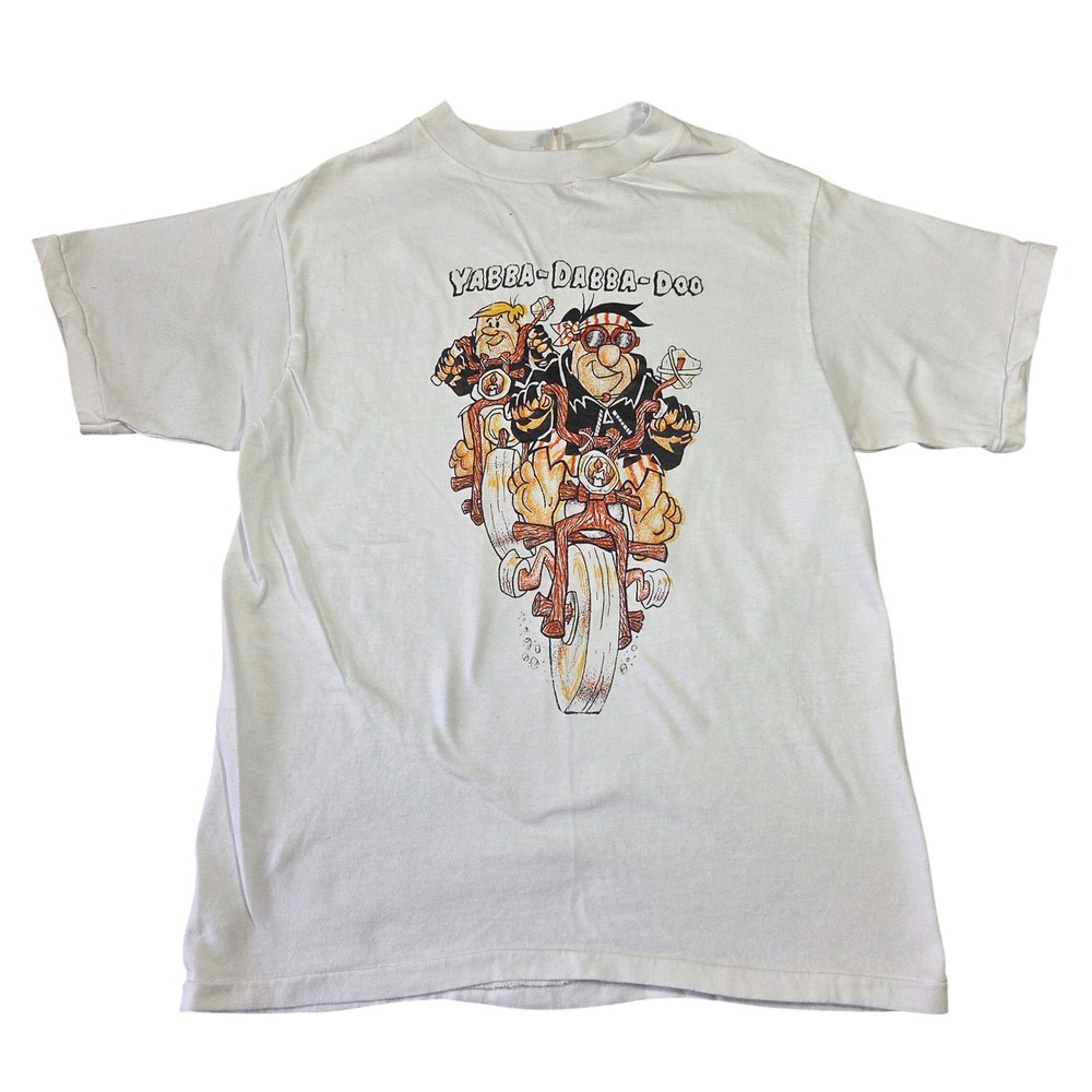 Vintage Flintstones Yabba Dabba Doo Biker Graphic T-Shirt White Single Stitch M